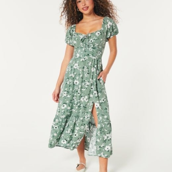 Hollister Sofia Side-Smocked Midi Dress COLOR: GREEN FLORAL SIZE: M Petite - Picture 5 of 8
